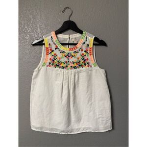 J. Crew White Linen and Cotton with Embroidered Flowers Top Size 2